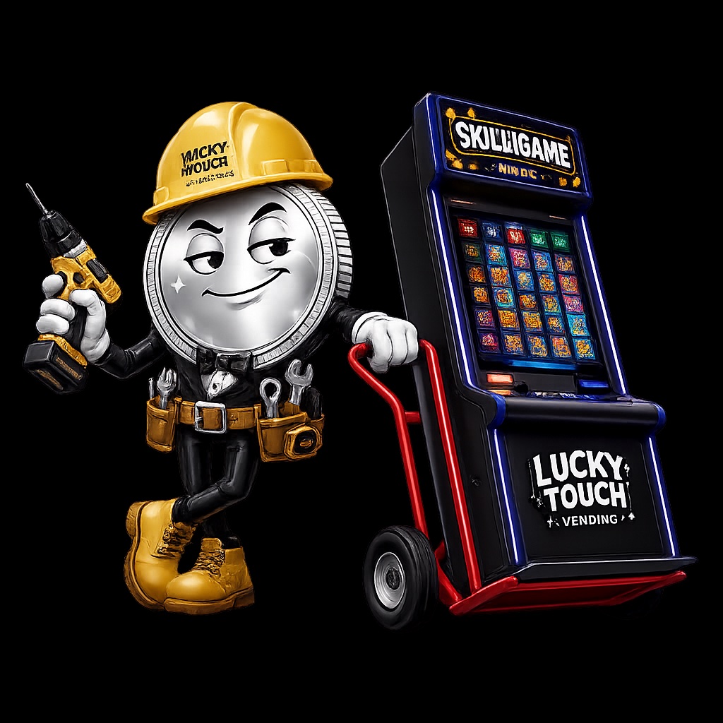 Mr. Lucky in a hard hat delivering a Lucky Touch skill game machine