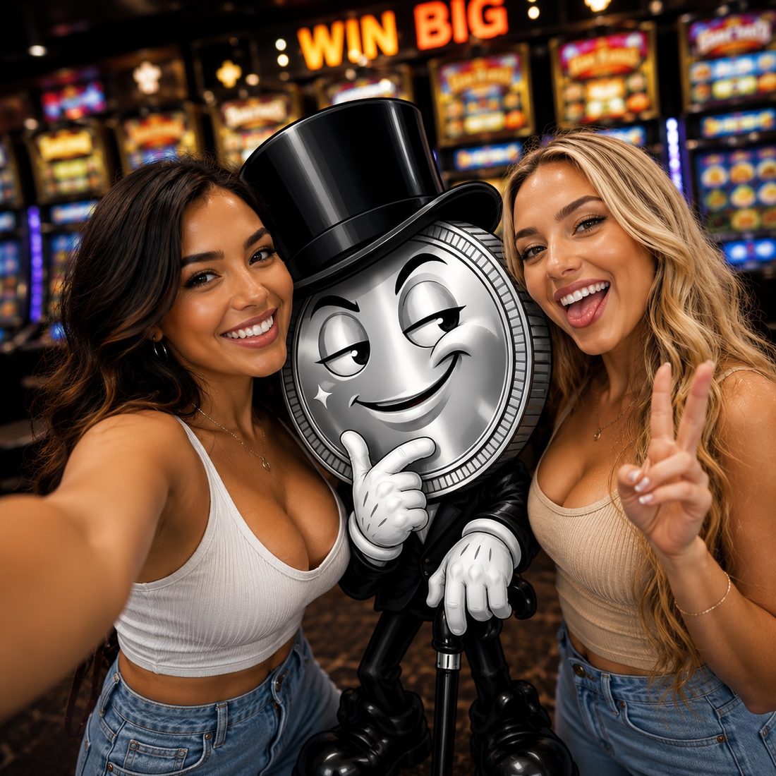 Guests taking a selfie with Mr. Lucky at a Lucky Touch venue