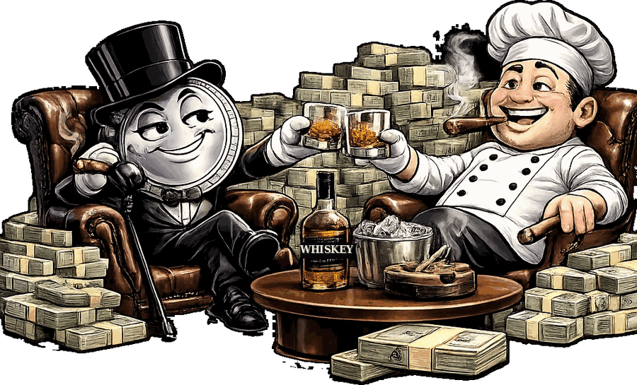 Mr. Lucky and a thriving business owner celebrating with cigars and stacks of cash