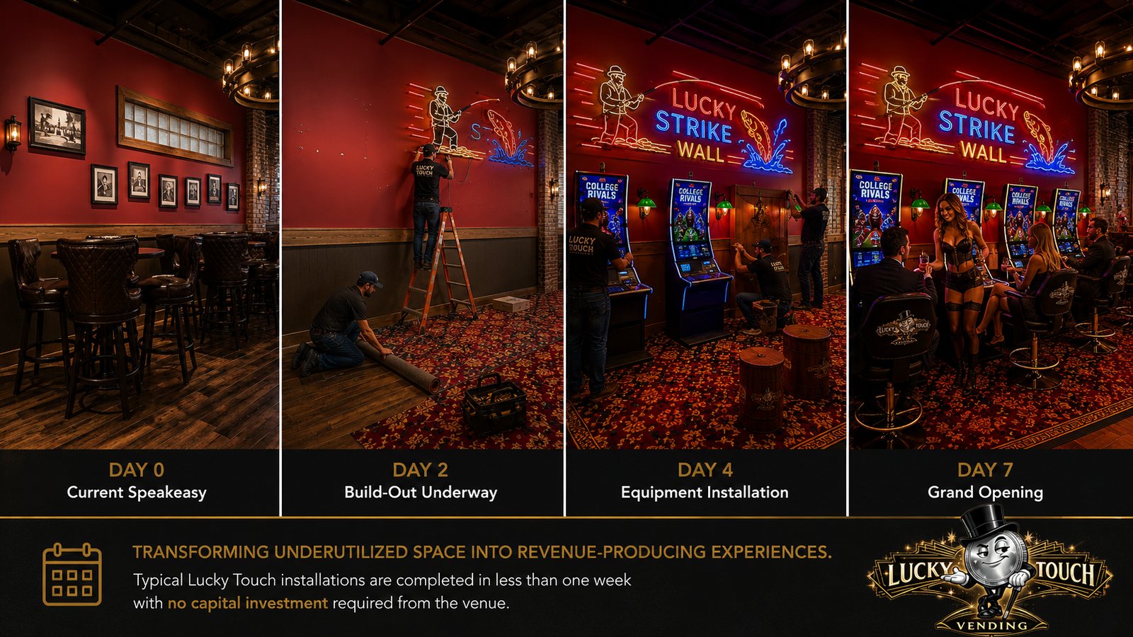 Lucky Touch venue transformation timeline: Day 0 empty speakeasy through Day 7 grand opening